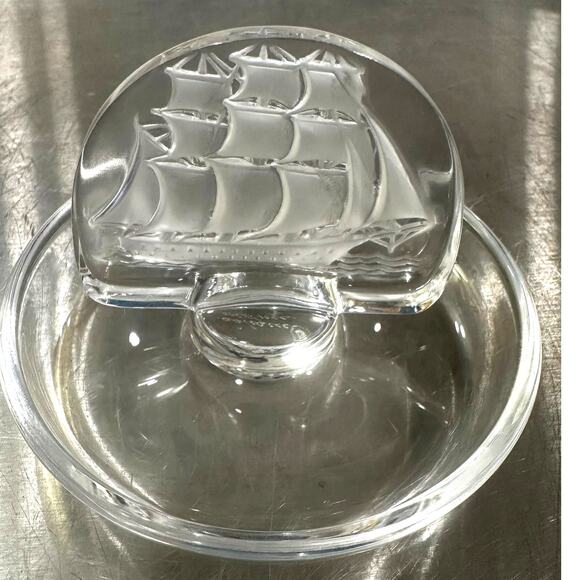 Lalique France Signed Clear Crystal Caravelle Clipper Ship Jewelry Trinket Dish - Picture 1 of 6
